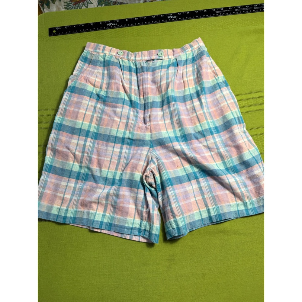 Vintage 80s Leon Levin Pastel Plaid Shorts Womens 12 Pink  Cotton ILGWU USA Made